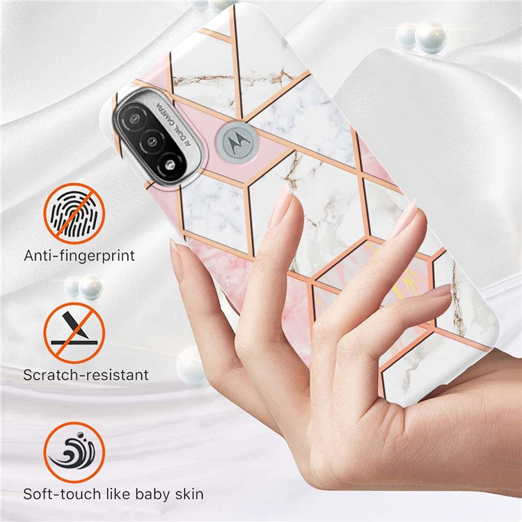 Anti-fingerprint IMD IML TPU Phone Cover Anti-fall Electroplating Marble Pattern 2.0mm Case for Motorola Moto E20/E30/E40 - Pink/White