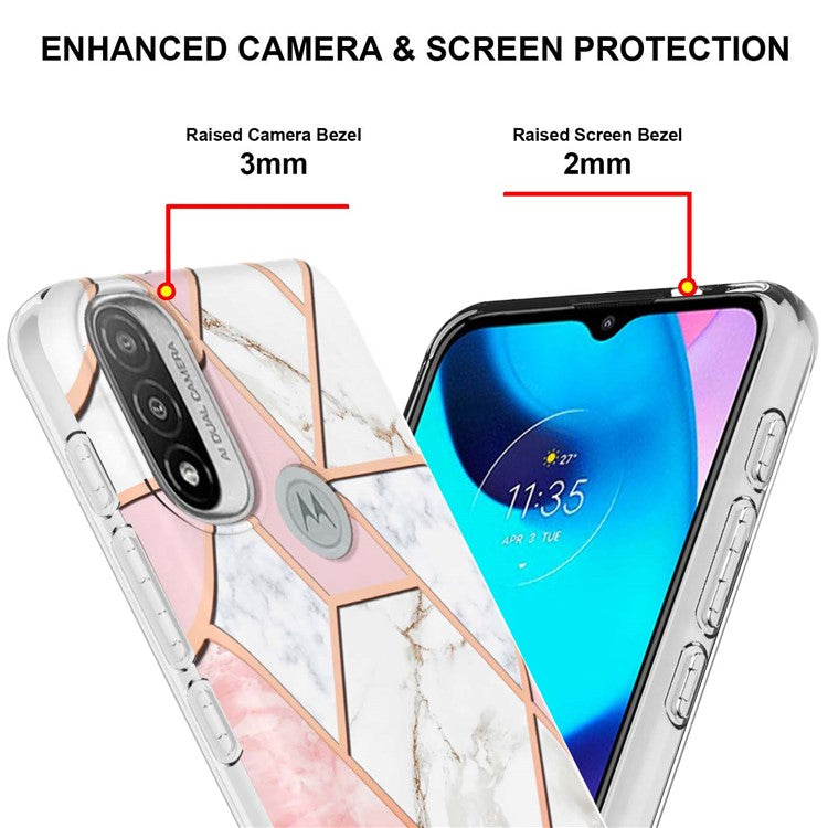 Anti-fingerprint IMD IML TPU Phone Cover Anti-fall Electroplating Marble Pattern 2.0mm Case for Motorola Moto E20/E30/E40 - Pink/White