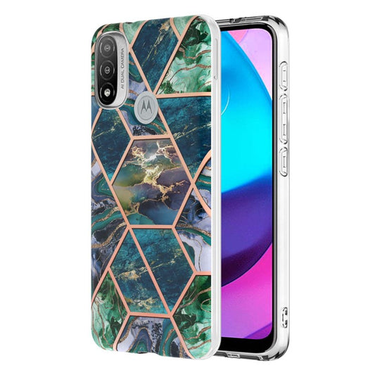 Anti-fingerprint IMD IML TPU Phone Cover Anti-fall Electroplating Marble Pattern 2.0mm Case for Motorola Moto E20/E30/E40 - Blue/Green