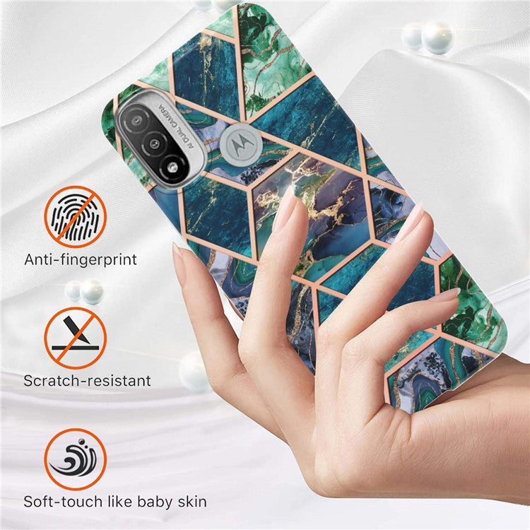 Anti-fingerprint IMD IML TPU Phone Cover Anti-fall Electroplating Marble Pattern 2.0mm Case for Motorola Moto E20/E30/E40 - Blue/Green