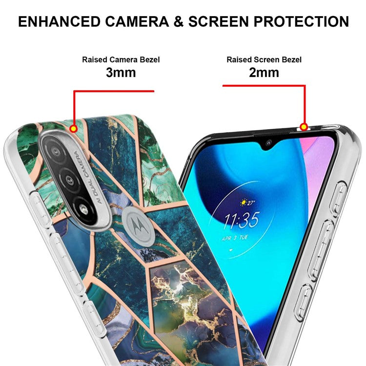 Anti-fingerprint IMD IML TPU Phone Cover Anti-fall Electroplating Marble Pattern 2.0mm Case for Motorola Moto E20/E30/E40 - Blue/Green