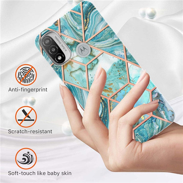 Anti-fingerprint IMD IML TPU Phone Cover Anti-fall Electroplating Marble Pattern 2.0mm Case for Motorola Moto E20/E30/E40 - Blue