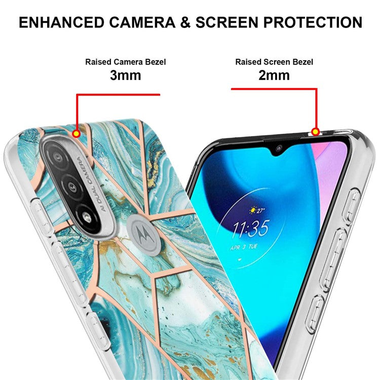 Anti-fingerprint IMD IML TPU Phone Cover Anti-fall Electroplating Marble Pattern 2.0mm Case for Motorola Moto E20/E30/E40 - Blue