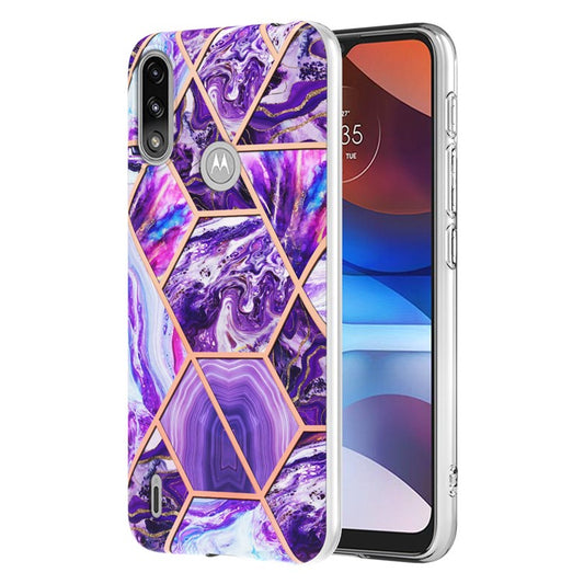 2.0mm Reinforced Raised Corners Electroplating Soft TPU IMD Marble Protective Case for Motorola Moto E7 Power / Moto E7i Power - Dark Purple