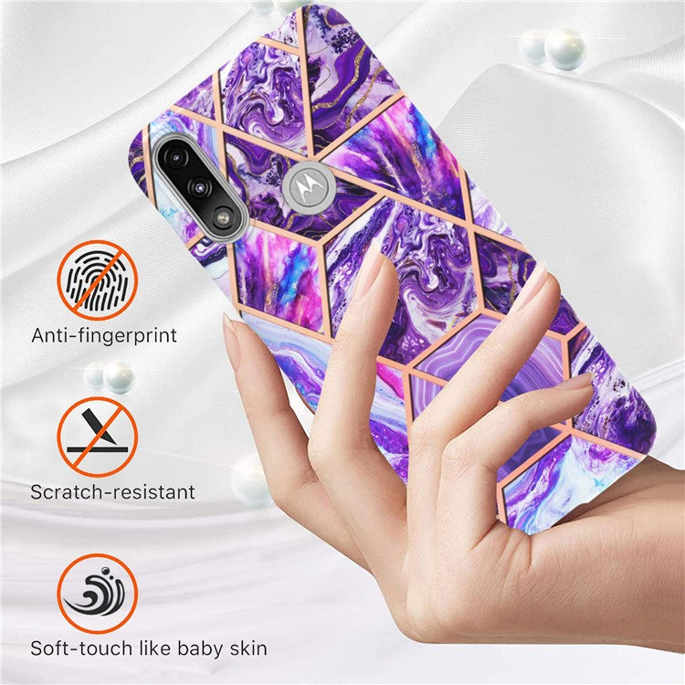 2.0mm Reinforced Raised Corners Electroplating Soft TPU IMD Marble Protective Case for Motorola Moto E7 Power / Moto E7i Power - Dark Purple