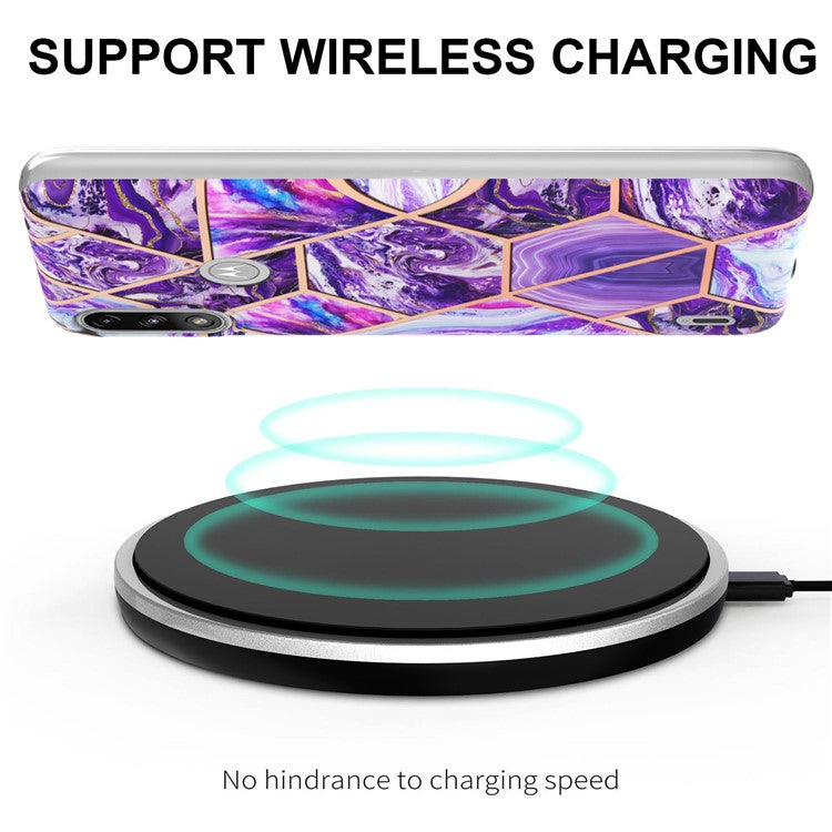 2.0mm Reinforced Raised Corners Electroplating Soft TPU IMD Marble Protective Case for Motorola Moto E7 Power / Moto E7i Power - Dark Purple