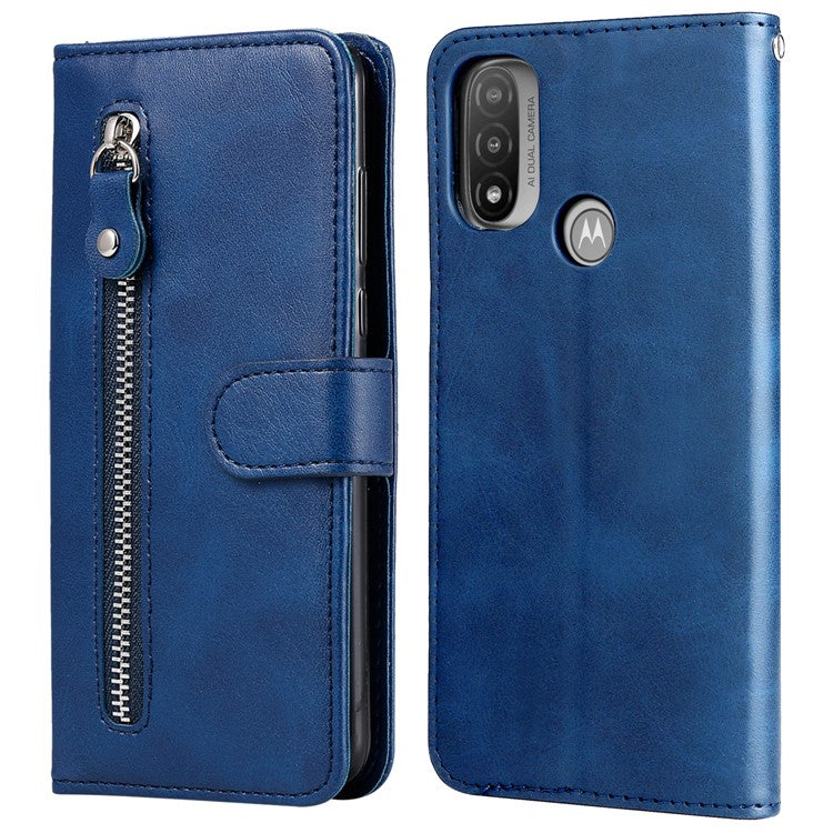 Stand Wallet PU Leather Cover Zipper Pocket Phone Case Shell for Motorola Moto E20/E30/E40 - Blue