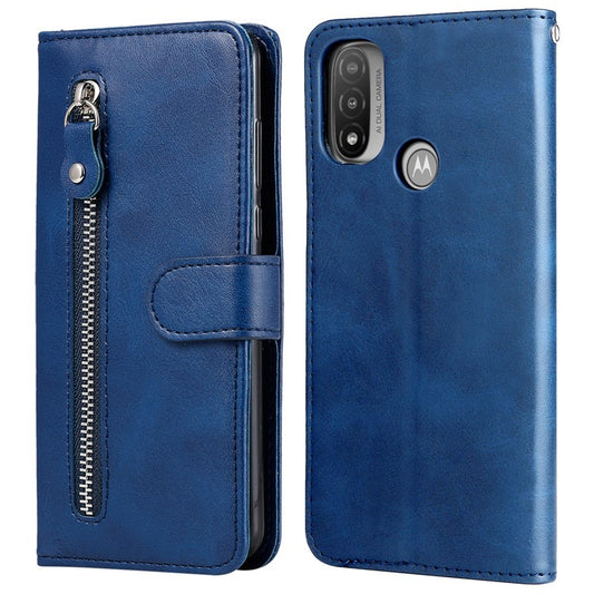 Stand Wallet PU Leather Cover Zipper Pocket Phone Case Shell for Motorola Moto E20/E30/E40 - Blue