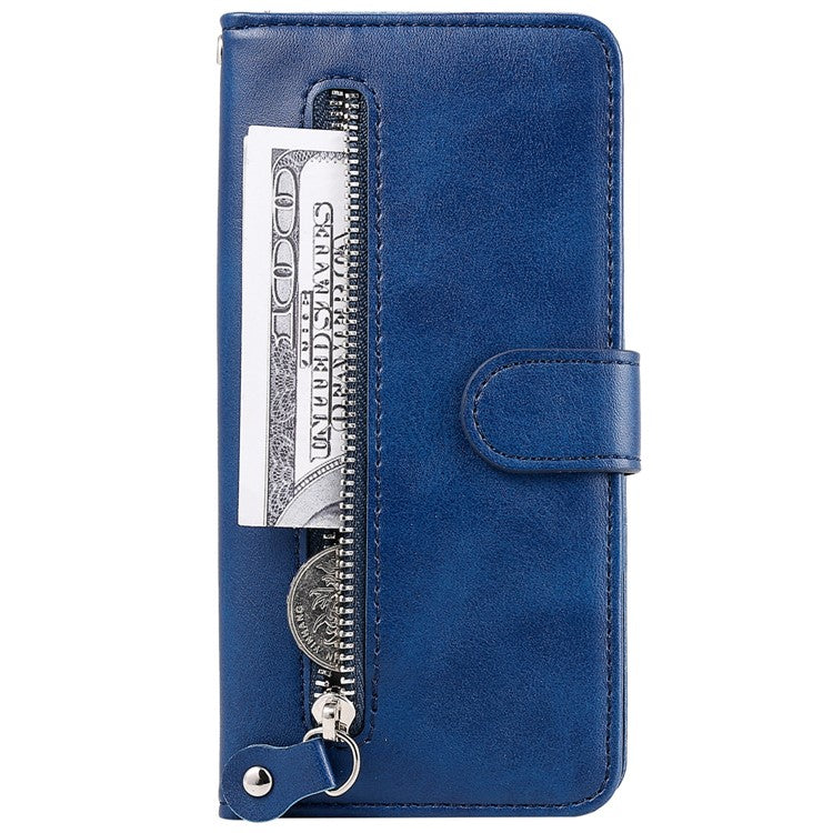 Stand Wallet PU Leather Cover Zipper Pocket Phone Case Shell for Motorola Moto E20/E30/E40 - Blue