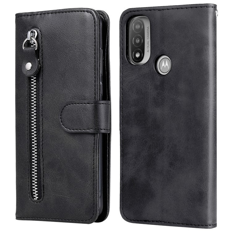 Stand Wallet PU Leather Cover Zipper Pocket Phone Case Shell for Motorola Moto E20/E30/E40 - Black