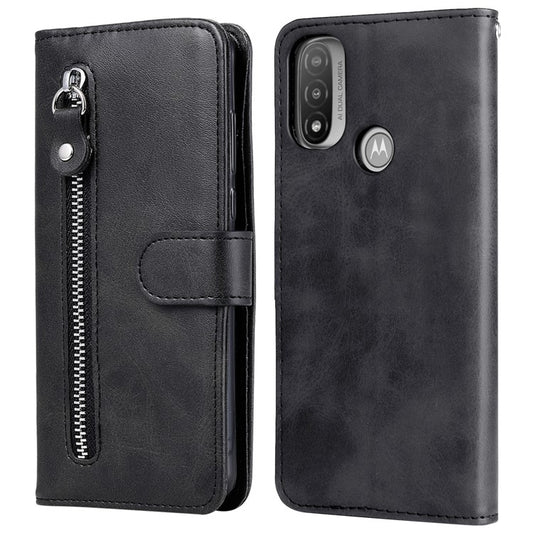 Stand Wallet PU Leather Cover Zipper Pocket Phone Case Shell for Motorola Moto E20/E30/E40 - Black