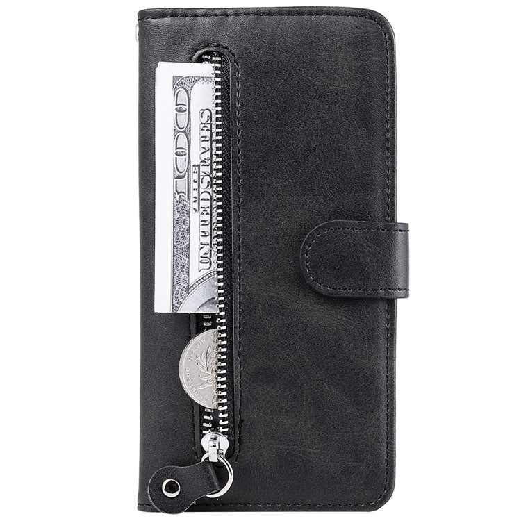 Stand Wallet PU Leather Cover Zipper Pocket Phone Case Shell for Motorola Moto E20/E30/E40 - Black