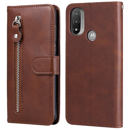 Stand Wallet PU Leather Cover Zipper Pocket Phone Case Shell for Motorola Moto E20/E30/E40 - Brown