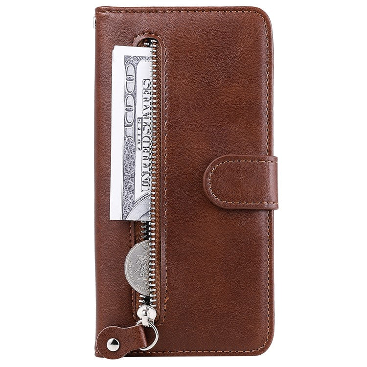Stand Wallet PU Leather Cover Zipper Pocket Phone Case Shell for Motorola Moto E20/E30/E40 - Brown