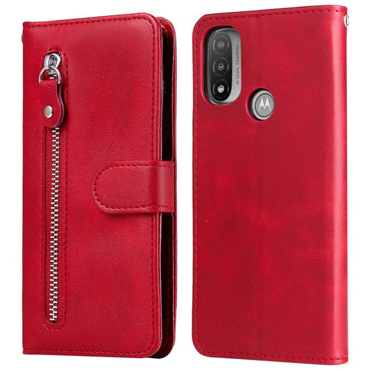 Stand Wallet PU Leather Cover Zipper Pocket Phone Case Shell for Motorola Moto E20/E30/E40 - Red