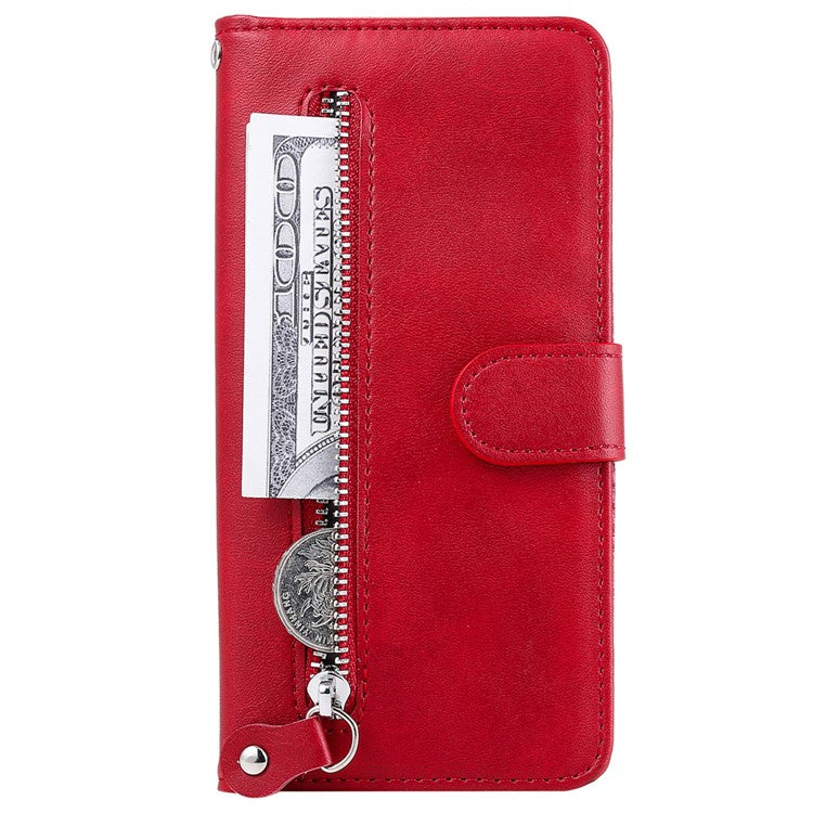 Stand Wallet PU Leather Cover Zipper Pocket Phone Case Shell for Motorola Moto E20/E30/E40 - Red
