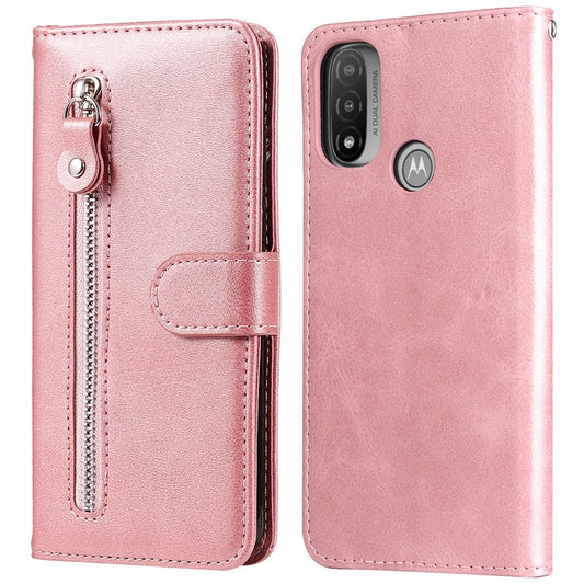 Stand Wallet PU Leather Cover Zipper Pocket Phone Case Shell for Motorola Moto E20/E30/E40 - Rose Gold