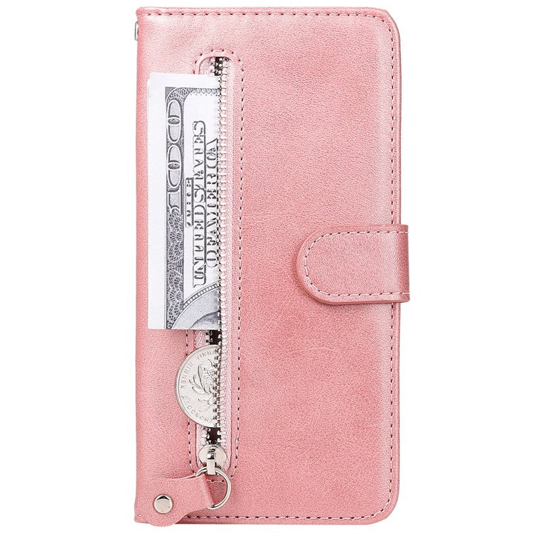 Stand Wallet PU Leather Cover Zipper Pocket Phone Case Shell for Motorola Moto E20/E30/E40 - Rose Gold