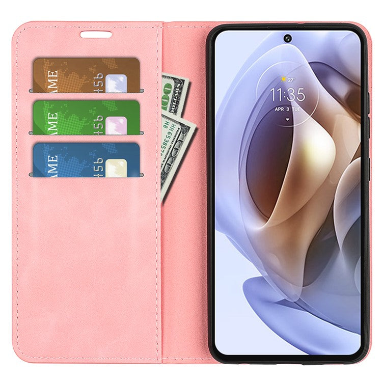 Auto-absorbed Closure Drop-resistant Inner Soft TPU+PU Leather Wallet Case Supporting Stand Phone Cover for Motorola Moto G31 4G/G41 4G - Pink