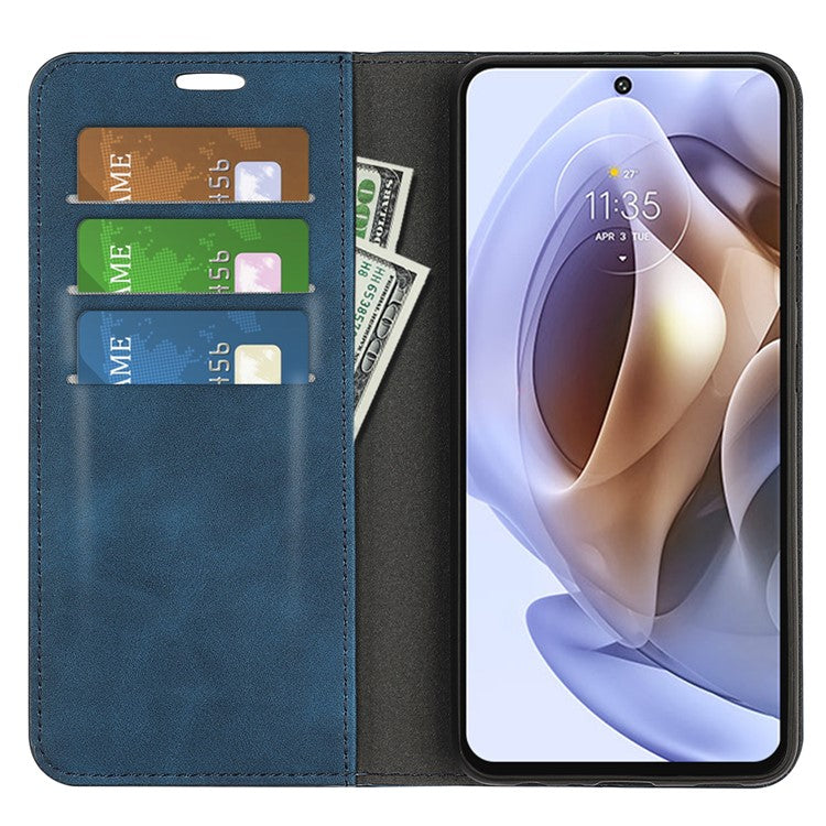 Auto-absorbed Closure Drop-resistant Inner Soft TPU+PU Leather Wallet Case Supporting Stand Phone Cover for Motorola Moto G31 4G/G41 4G - Blue