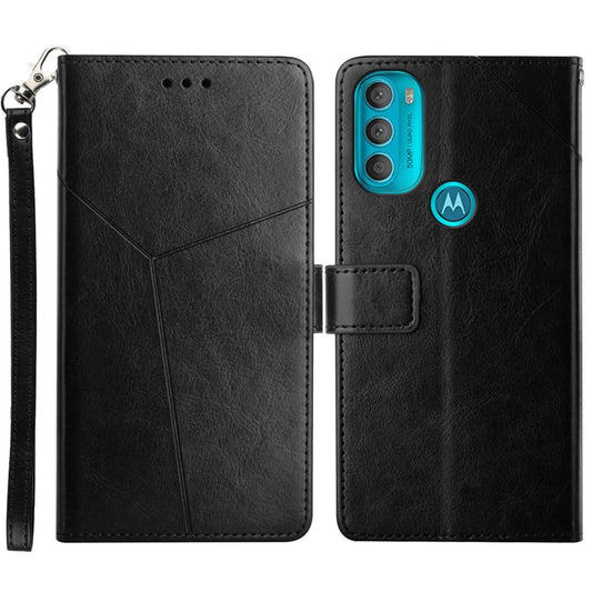 Stylish Mobile Phone Cover Y-shaped Lines Imprinted Handy Strap Magnetic PU Leather Stand Wallet Case for Motorola Moto G71 5G - Black