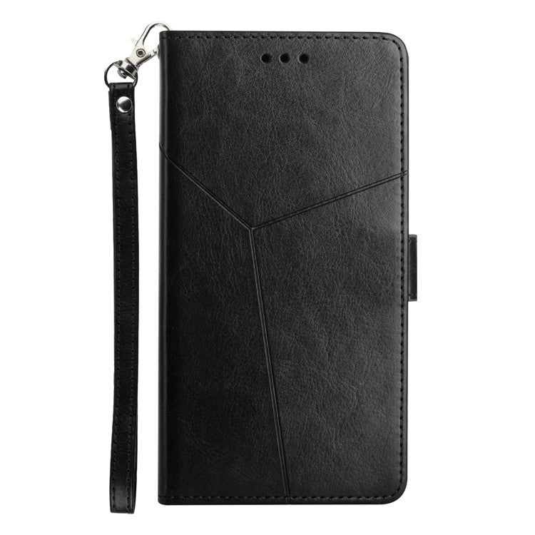 Stylish Mobile Phone Cover Y-shaped Lines Imprinted Handy Strap Magnetic PU Leather Stand Wallet Case for Motorola Moto G71 5G - Black