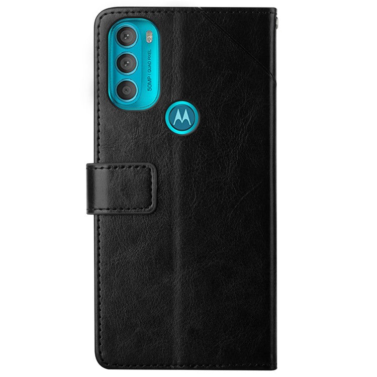 Stylish Mobile Phone Cover Y-shaped Lines Imprinted Handy Strap Magnetic PU Leather Stand Wallet Case for Motorola Moto G71 5G - Black