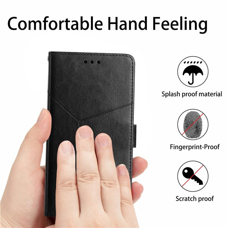 Stylish Mobile Phone Cover Y-shaped Lines Imprinted Handy Strap Magnetic PU Leather Stand Wallet Case for Motorola Moto G71 5G - Black