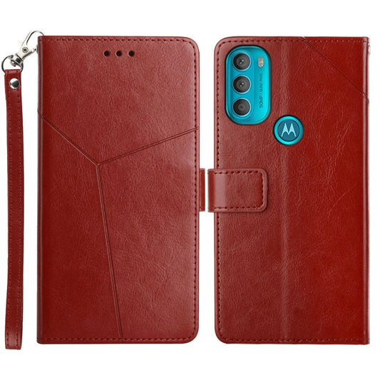 Stylish Mobile Phone Cover Y-shaped Lines Imprinted Handy Strap Magnetic PU Leather Stand Wallet Case for Motorola Moto G71 5G - Brown