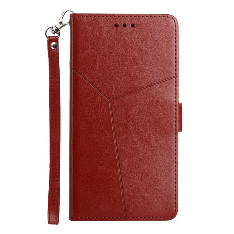 Stylish Mobile Phone Cover Y-shaped Lines Imprinted Handy Strap Magnetic PU Leather Stand Wallet Case for Motorola Moto G71 5G - Brown