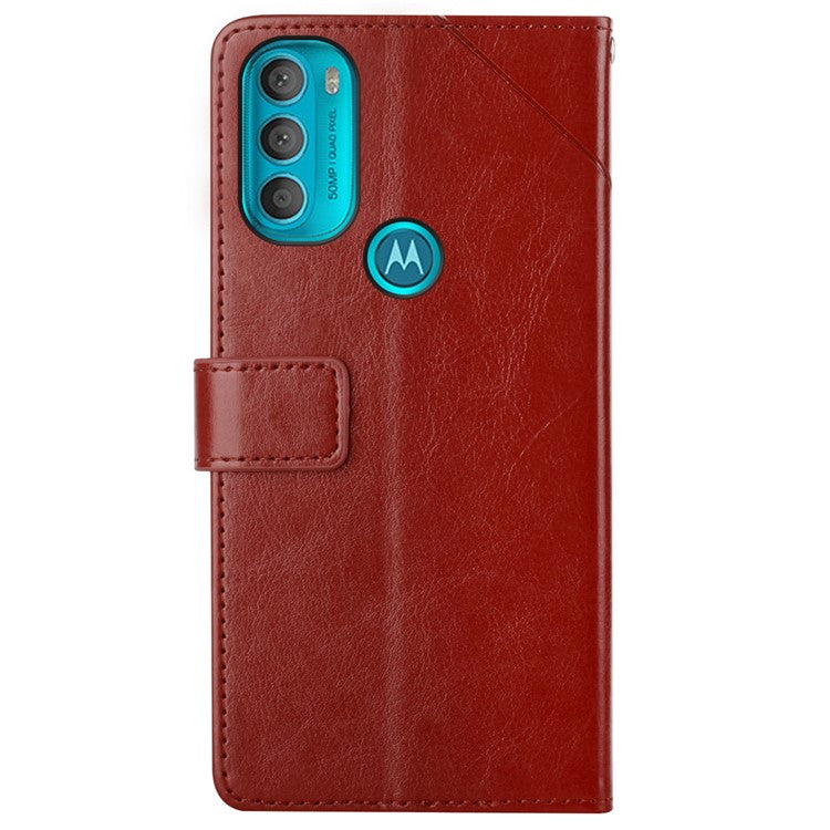 Stylish Mobile Phone Cover Y-shaped Lines Imprinted Handy Strap Magnetic PU Leather Stand Wallet Case for Motorola Moto G71 5G - Brown