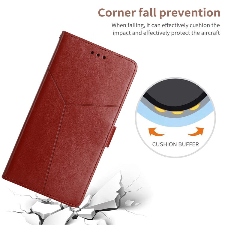 Stylish Mobile Phone Cover Y-shaped Lines Imprinted Handy Strap Magnetic PU Leather Stand Wallet Case for Motorola Moto G71 5G - Brown