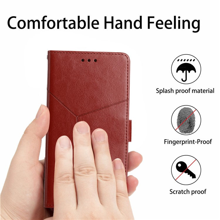 Stylish Mobile Phone Cover Y-shaped Lines Imprinted Handy Strap Magnetic PU Leather Stand Wallet Case for Motorola Moto G71 5G - Brown