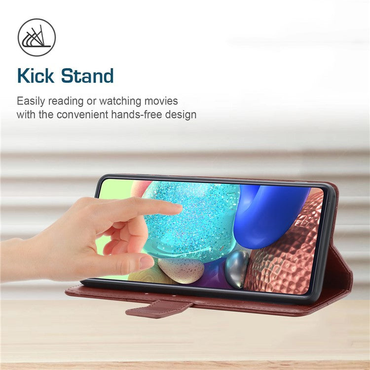 Stylish Mobile Phone Cover Y-shaped Lines Imprinted Handy Strap Magnetic PU Leather Stand Wallet Case for Motorola Moto G71 5G - Brown