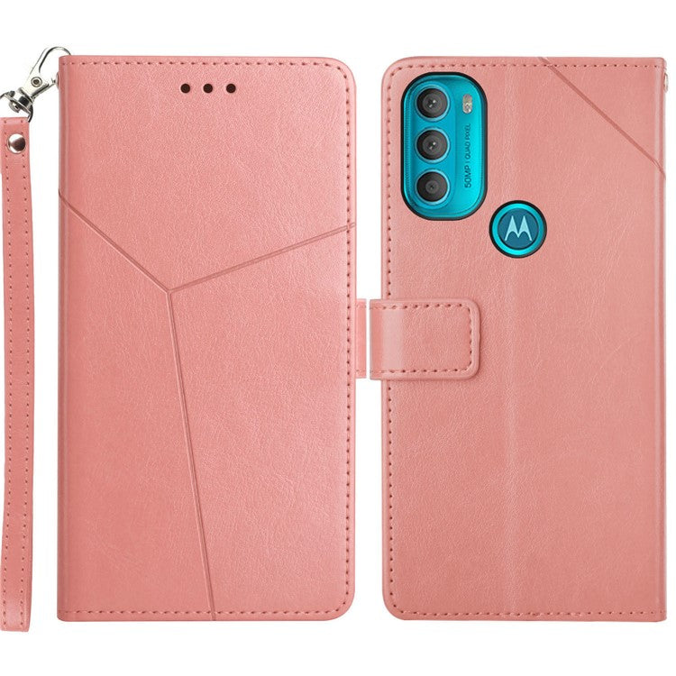 Stylish Mobile Phone Cover Y-shaped Lines Imprinted Handy Strap Magnetic PU Leather Stand Wallet Case for Motorola Moto G71 5G - Pink