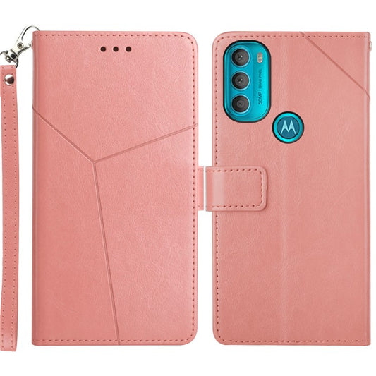 Stylish Mobile Phone Cover Y-shaped Lines Imprinted Handy Strap Magnetic PU Leather Stand Wallet Case for Motorola Moto G71 5G - Pink