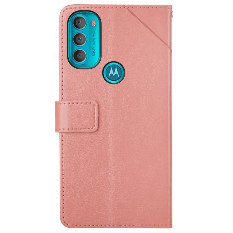 Stylish Mobile Phone Cover Y-shaped Lines Imprinted Handy Strap Magnetic PU Leather Stand Wallet Case for Motorola Moto G71 5G - Pink