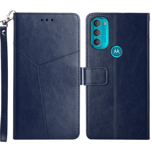 Stylish Mobile Phone Cover Y-shaped Lines Imprinted Handy Strap Magnetic PU Leather Stand Wallet Case for Motorola Moto G71 5G - Blue