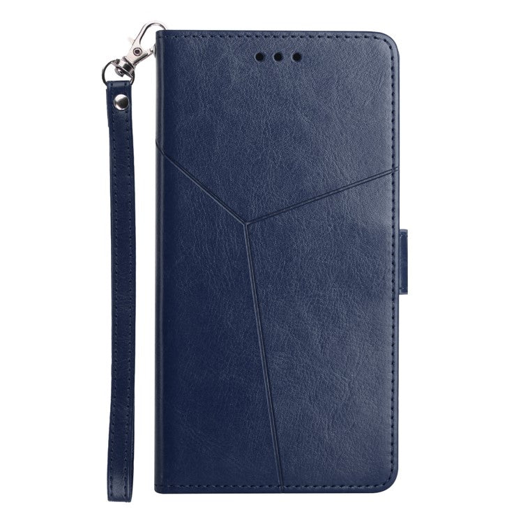 Stylish Mobile Phone Cover Y-shaped Lines Imprinted Handy Strap Magnetic PU Leather Stand Wallet Case for Motorola Moto G71 5G - Blue