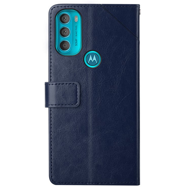 Stylish Mobile Phone Cover Y-shaped Lines Imprinted Handy Strap Magnetic PU Leather Stand Wallet Case for Motorola Moto G71 5G - Blue