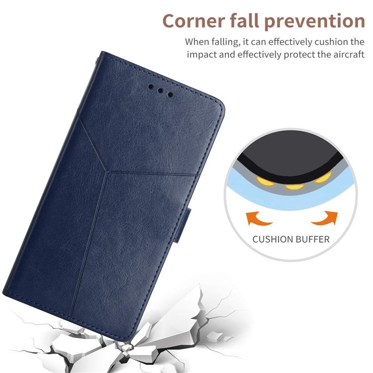 Stylish Mobile Phone Cover Y-shaped Lines Imprinted Handy Strap Magnetic PU Leather Stand Wallet Case for Motorola Moto G71 5G - Blue