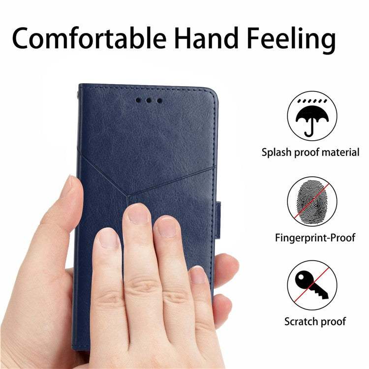 Stylish Mobile Phone Cover Y-shaped Lines Imprinted Handy Strap Magnetic PU Leather Stand Wallet Case for Motorola Moto G71 5G - Blue