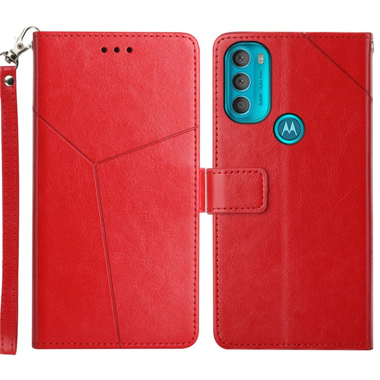 Stylish Mobile Phone Cover Y-shaped Lines Imprinted Handy Strap Magnetic PU Leather Stand Wallet Case for Motorola Moto G71 5G - Red