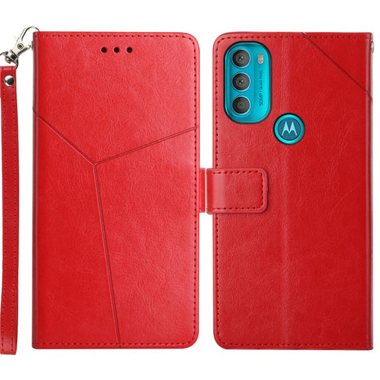 Stylish Mobile Phone Cover Y-shaped Lines Imprinted Handy Strap Magnetic PU Leather Stand Wallet Case for Motorola Moto G71 5G - Red