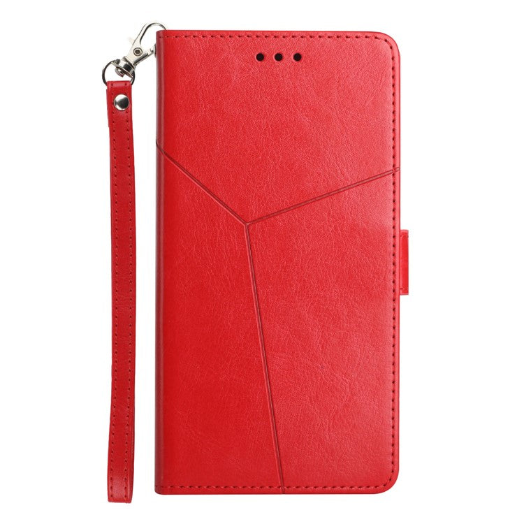 Stylish Mobile Phone Cover Y-shaped Lines Imprinted Handy Strap Magnetic PU Leather Stand Wallet Case for Motorola Moto G71 5G - Red