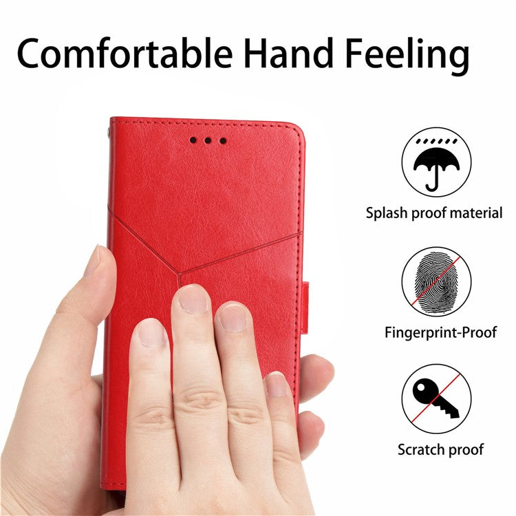 Stylish Mobile Phone Cover Y-shaped Lines Imprinted Handy Strap Magnetic PU Leather Stand Wallet Case for Motorola Moto G71 5G - Red