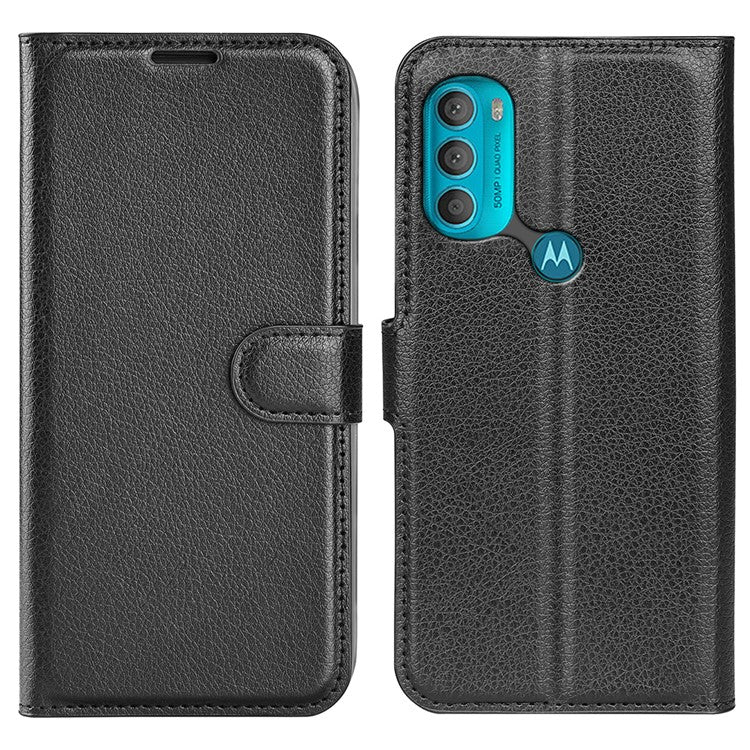 PU Leather Coated TPU Mobile Phone Bag Case Litchi Texture Scratch-resistant Stand Wallet Flip Protective Phone Cover for Motorola Moto G71 5G - Black