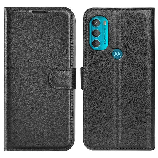 PU Leather Coated TPU Mobile Phone Bag Case Litchi Texture Scratch-resistant Stand Wallet Flip Protective Phone Cover for Motorola Moto G71 5G - Black
