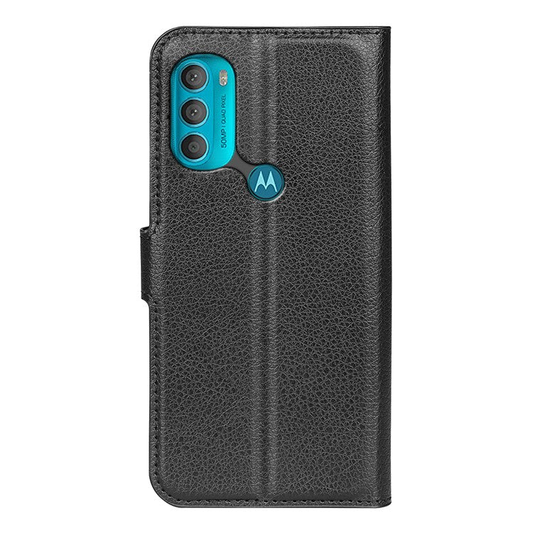 PU Leather Coated TPU Mobile Phone Bag Case Litchi Texture Scratch-resistant Stand Wallet Flip Protective Phone Cover for Motorola Moto G71 5G - Black