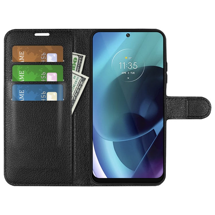 PU Leather Coated TPU Mobile Phone Bag Case Litchi Texture Scratch-resistant Stand Wallet Flip Protective Phone Cover for Motorola Moto G71 5G - Black